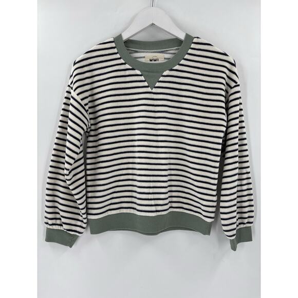 MWL Madewell Sweatshirt Womens XS Green White Velour Crewneck Striped Pullover - Picture 1 of 16